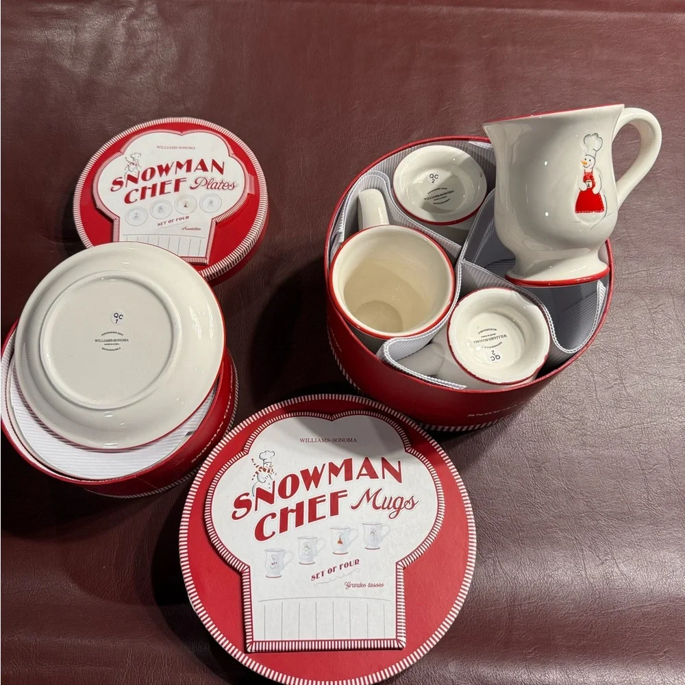Williams-Sonoma Snowman chef mug set (4) and plate set NWT